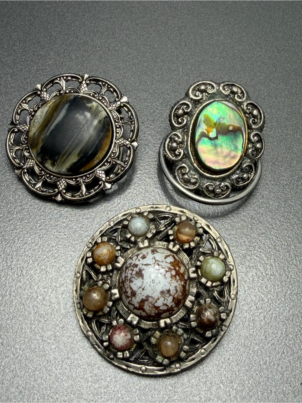 Vintage Silver Tone Round Scarf Slides with Multicolor Stones